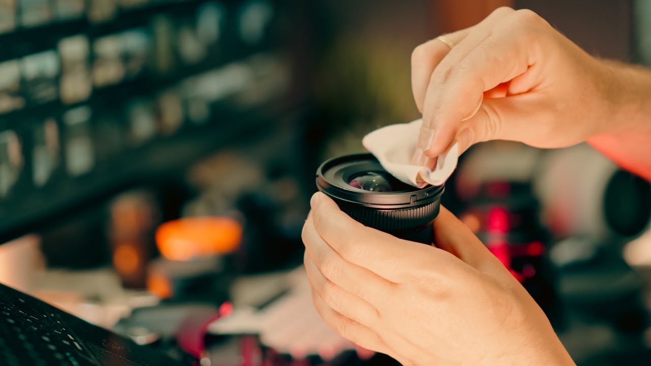 Close-up of hands cleaning a DSLR camera lens with a microfiber cloth in an indoor setting.
